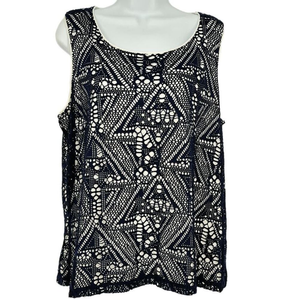 Chico's SZ 2/L/12 Women's Navy Blue Open Weave‎ Geometric Pattern Tank Top